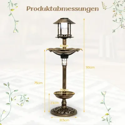 Vtáčia vaňa so solárnym svetlom kvetináč kŕmidlo pre vtáky Ø43 x 110 cm bronz