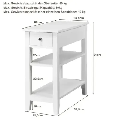 Konzolový stolík s policou a zásuvkou 3-poschodový príručný stolík z dreva 60 x 28,5 x 61 cm biely