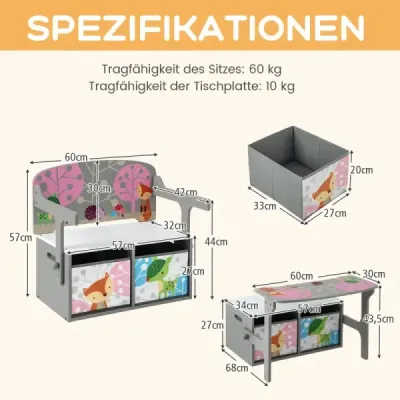 Súprava detského stola a stoličiek 3 v 1 s 2 odnímateľnými látkovými košíkmi na maľovanie, hranie a učenie sivá
