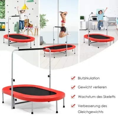 Dvojitá trampolína skladacia fitness trampolína s nastaviteľným madlom 154 x 90 x 92 -132 cm červená