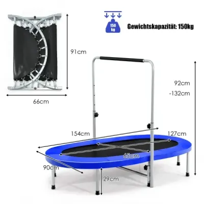 Trampolína pre 2 osoby s výškovo nastaviteľnou rukoväťou mini trampolína 154 x 90 x 92 -132 cm modrá