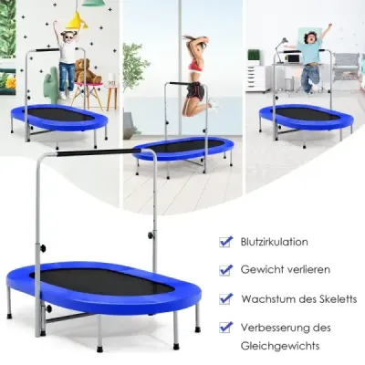 Trampolína pre 2 osoby s výškovo nastaviteľnou rukoväťou mini trampolína 154 x 90 x 92 -132 cm modrá