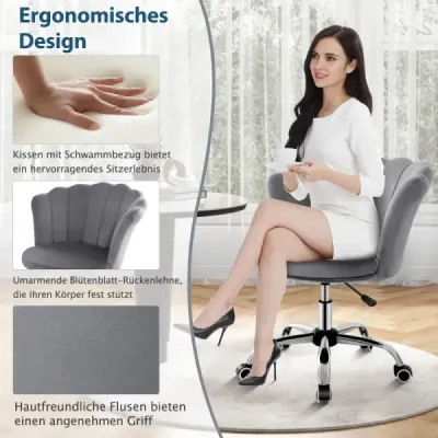 Výškovo nastaviteľná kancelárska stolička zo zamatu s kolieskami a ergonomickým dizajnom počítačovej stoličky sivá
