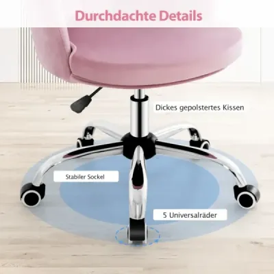 Výškovo nastaviteľná zamatová kancelárska stolička s kolieskami a ergonomická počítačová stolička ružová