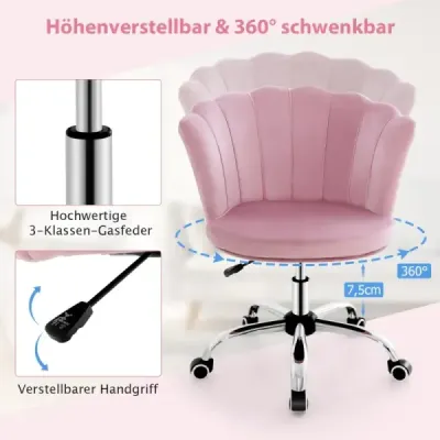 Výškovo nastaviteľná zamatová kancelárska stolička s kolieskami a ergonomická počítačová stolička ružová