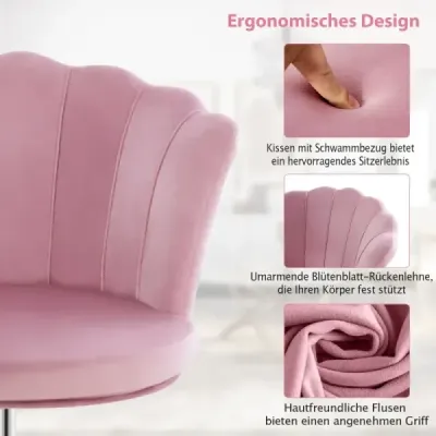 Výškovo nastaviteľná zamatová kancelárska stolička s kolieskami a ergonomická počítačová stolička ružová