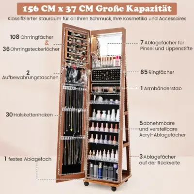 Uzamykateľná skrinka na šperky s integrovaným kozmetickým zrkadlom, nastaviteľnými policami a úložným priestorom hnedá