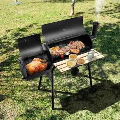 BBQ gril na drevené uhlie s kolieskami grilovací vozík s vekom vonkajší gril 115 x 65 x 108 cm čierny