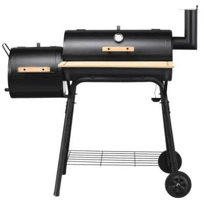 BBQ gril na drevené uhlie s kolieskami grilovací vozík s vekom vonkajší gril 115 x 65 x 108 cm čierny