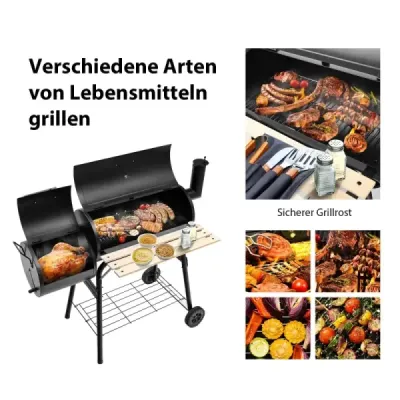 BBQ gril na drevené uhlie s kolieskami grilovací vozík s vekom vonkajší gril 115 x 65 x 108 cm čierny