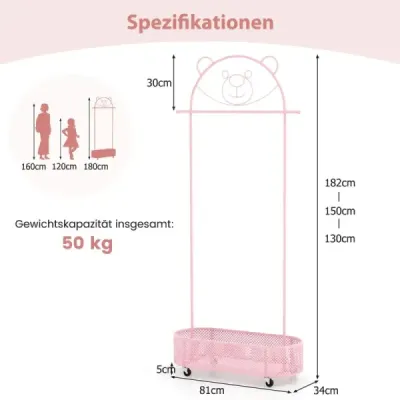 Detský stojan na oblečenie výškovo nastaviteľný od 130cm/150cm/182cm stojan na kabáty na kolieskach ružový