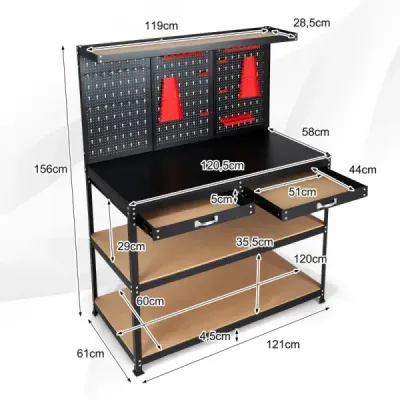 Pracovný stôl s doskou, zásuvkami a policami a 25 závesnými doplnkami Garážový pracovný stôl