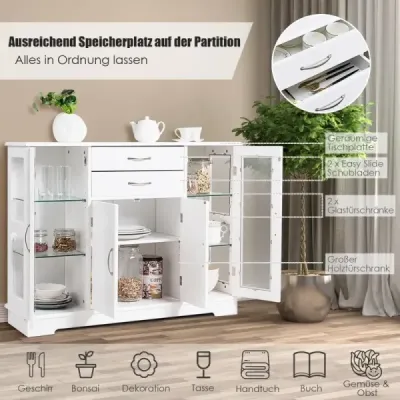 Drevená úložná skrinka s dvierkami a zásuvkami z tvrdeného skla Biela