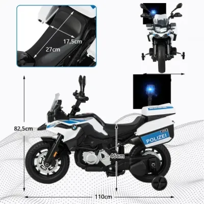 Policajná motorka pre deti, motocykel na batérie s 2 tréningovými kolesami, 110 x 82,5 x 63 cm, biela