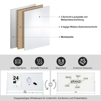 Obojstranná magnetická mobilná tabuľa nastaviteľná na suché utieranie na kolieskach Biela