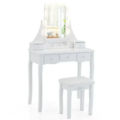 Toaletný stolík s LED osvetlením a 5 zásuvkami a stoličkou Kozmetický stolík Biely
