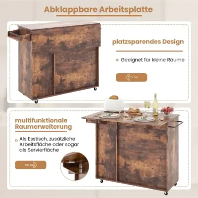 Kuchynský vozík na kolieskach Servírovací vozík so sklopnou pracovnou doskou 121 x 68 x 88 cm Rustikálna hnedá