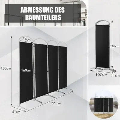 Sklopná deliaca stena so 4 panelmi Deliaca stena pre domácnosť 221 x 51 x 188 cm-čierna