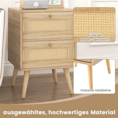 Súprava 2 ratanových nočných stolíkov v boho štýle s 2 zásuvkami a nohami z masívneho dreva Nočný stolík