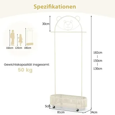 Stojan na detské oblečenie s nastaviteľnou výškou od 130 cm/150 cm/182 cm Stojan na kabáty na kolieskach Biely