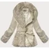 Dámska bunda z ekokože s kožušinovým golierom Way Mode MODA15WD-03 ecru