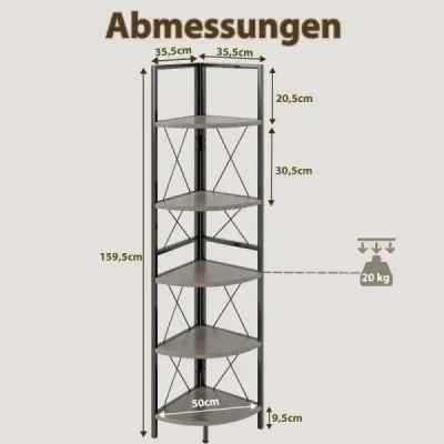 Rohový regál s 5 úrovňami 160 cm vysoký Regál na knihy Drevený stojaci regál s kovovým rámom dub sivý