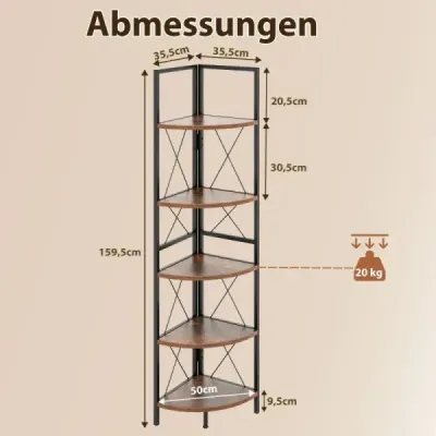 Rohový regál s 5 úrovňami 160 cm vysoký Regál na knihy Drevený stojaci regál s kovovým rámom Vintage