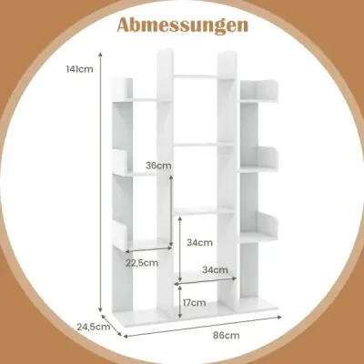 Knižnica v tvare stromu Regál s 13 otvorenými priehradkami 86 x 24,5 x 141 cm Biela