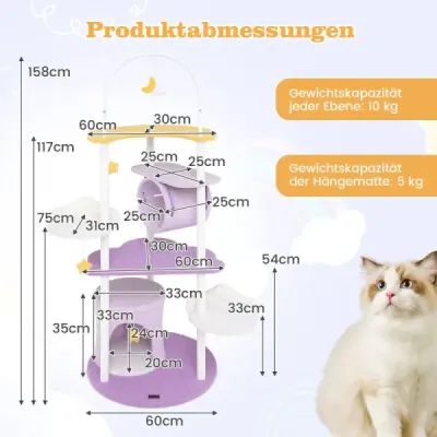 Škrabací strom 158 cm s tunelom pre mačky, závesnou hračkou a veľkou plochou na ležanie v tvare mesiaca fialová+biela