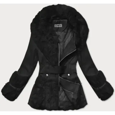 Dámska bunda z ekokože s kožušinovým golierom Way Mode MODA15WD-03 čierna