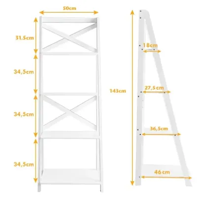 4-stupňový rebríkový regál Rohový regál z dreva s priečkou 51 x 46 x 143 cm Biely 4-stupňový rebríkový regál Rohový regál z dreva s priečkou 51 x 46 x 143 cm Biely