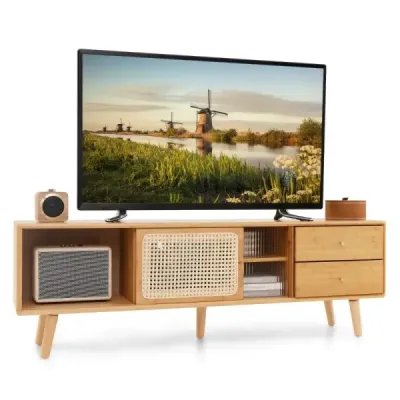 Bambusový TV stolík pre televízory do 65" TV konzola v štýle Mid-Century Modern 140 x 31 x 45,5 cm Prírodný
