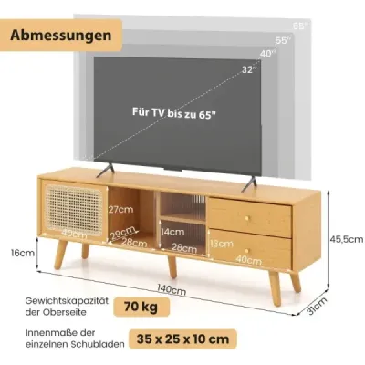 Bambusový TV stolík pre televízory do 65" TV konzola v štýle Mid-Century Modern 140 x 31 x 45,5 cm Prírodný