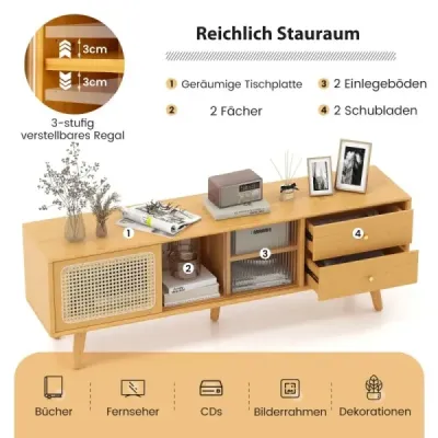 Bambusový TV stolík pre televízory do 65" TV konzola v štýle Mid-Century Modern 140 x 31 x 45,5 cm Prírodný