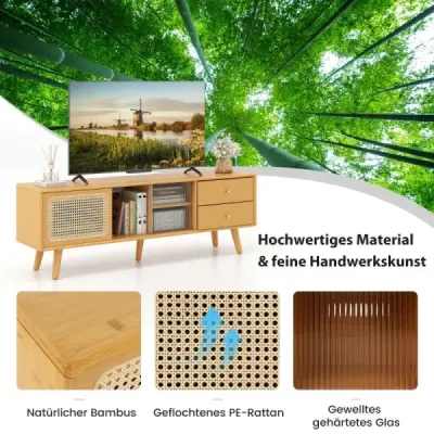 Bambusový TV stolík pre televízory do 65" TV konzola v štýle Mid-Century Modern 140 x 31 x 45,5 cm Prírodný