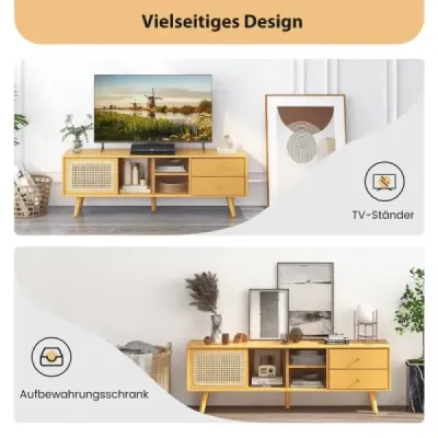Bambusový TV stolík pre televízory do 65" TV konzola v štýle Mid-Century Modern 140 x 31 x 45,5 cm Prírodný