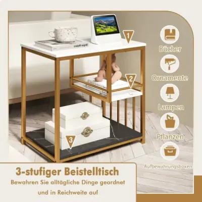 Nočný stolík mramorový vzhľad 3-stupňový nočný stolík s kovovým rámom konferenčný stolík moderný obývačkový stolík biely