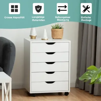 Mobilný podstavec s 5 zásuvkami Mobilná kartotéka na kolieskach 48 x 39,5 x 65,5 cm Biela