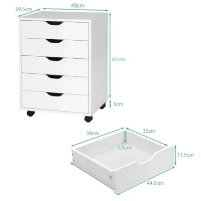 Mobilný podstavec s 5 zásuvkami Mobilná kartotéka na kolieskach 48 x 39,5 x 65,5 cm Biela