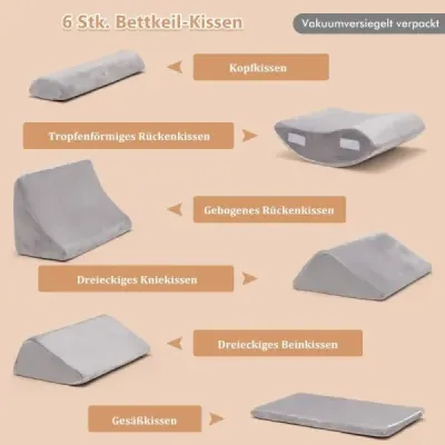 Sada klinových vankúšov 6-dielna sada klinových vankúšov s úľavou od bolesti krku a nôh Šedá
