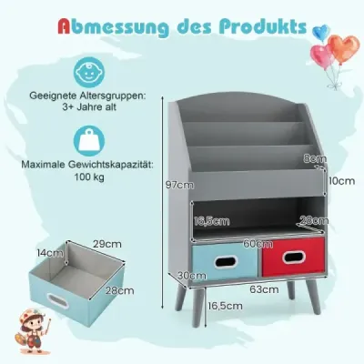 Detská polica detská polica s 3 policami  otvorená priehradka 2 zásuvky sivá Detská polica detská polica s 3 policami  otvorená priehradka 2 zásuvky sivá