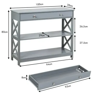 Konzolový stolík 3-úrovňový konzolový stolík so zásuvkou predsieňový stolík z dreva 100 x 30 x 80 cm sivý