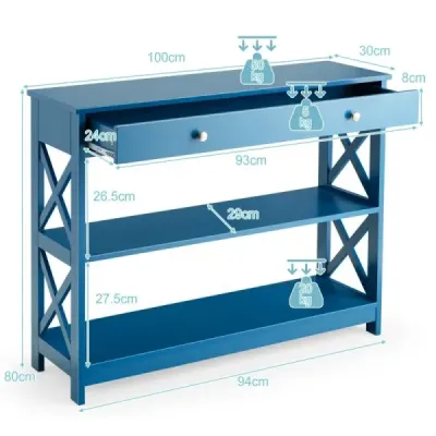 3-poschodový konzolový stôl so zásuvkou, 2 policami a nohami v tvare X Modrá