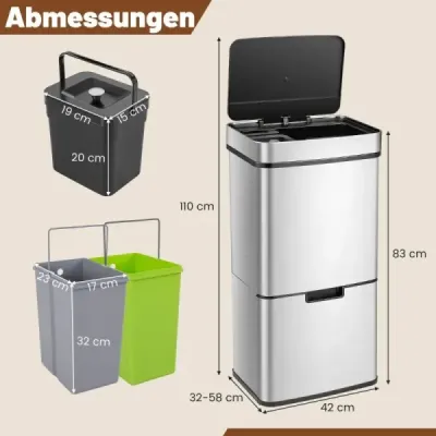 72 l nerezový odpadkový kôš s kuchynským odpadkovým košom 42 x 32-58 x 84-110 cm strieborný