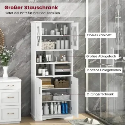 Kúpeľňová vysoká skrinka s nastaviteľnými policami  Kúpeľňová skrinka s ochranou proti preklopeniu biela Kúpeľňová vysoká skrinka s nastaviteľnými policami  Kúpeľňová skrinka s ochranou proti preklopeniu biela