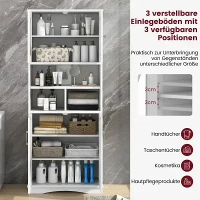 Kúpeľňová vysoká skrinka s nastaviteľnými policami  Kúpeľňová skrinka s ochranou proti preklopeniu biela Kúpeľňová vysoká skrinka s nastaviteľnými policami  Kúpeľňová skrinka s ochranou proti preklopeniu biela