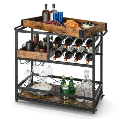 Servírovací vozík Trojposchodový vozík s odnímateľným podnosom 80 x 40 x 83 cm Rustikálna hnedá Servírovací vozík Trojposchodový vozík s odnímateľným podnosom 80 x 40 x 83 cm Rustikálna hnedá