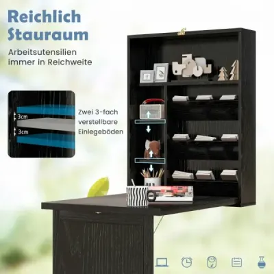 Nástenný rozkladací stôl s úložným priestorom, rozkladací nástenný stolík, priestorovo úsporný nástenný rozkladací stôl, čierna