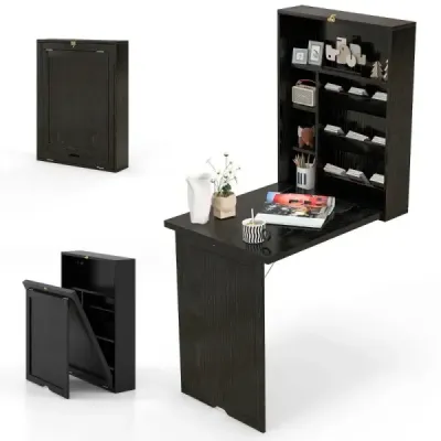 Nástenný rozkladací stôl s úložným priestorom, rozkladací nástenný stolík, priestorovo úsporný nástenný rozkladací stôl, čierna