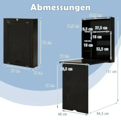 Nástenný rozkladací stôl s úložným priestorom, rozkladací nástenný stolík, priestorovo úsporný nástenný rozkladací stôl, čierna